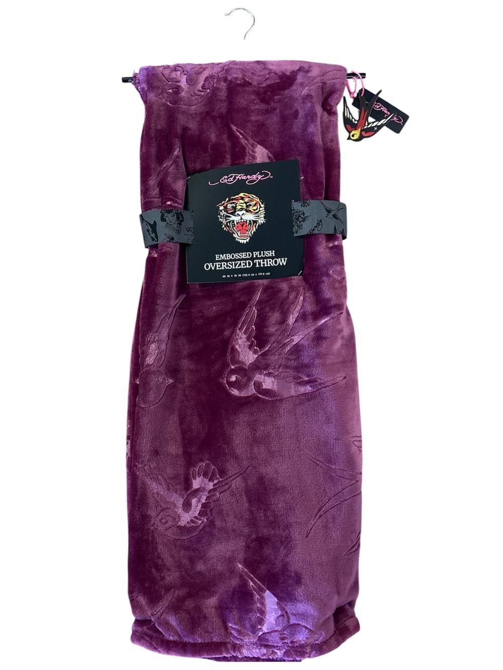Ed Hardy Embossed Plush Oversized Throw Blanket in Plum Purple 60” x 70” NWT - Picture 3 of 3